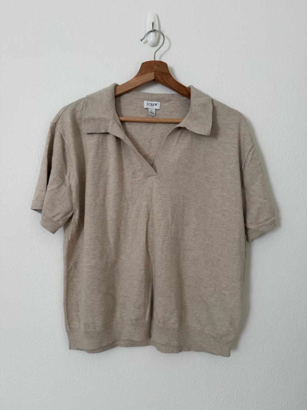 J. Crew Cotton Short Sleeve Sweater Knit Top Polo Tan Size Large Neutral Cotton